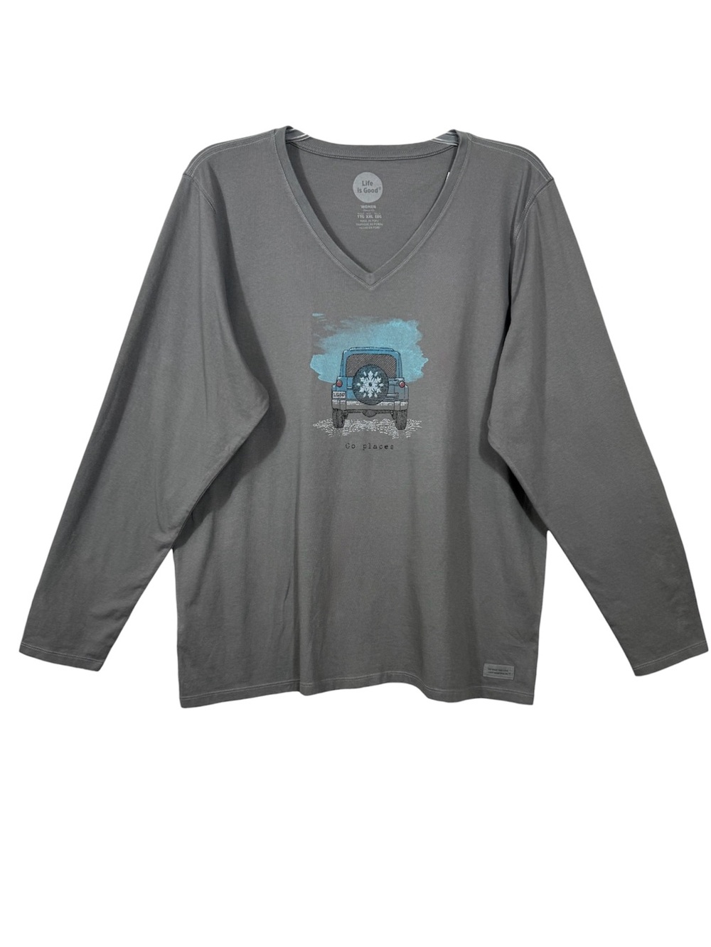 NWT Life Is Good XXL Gray Go Places Jeep Graphic Long Sleeve V Neck Tee